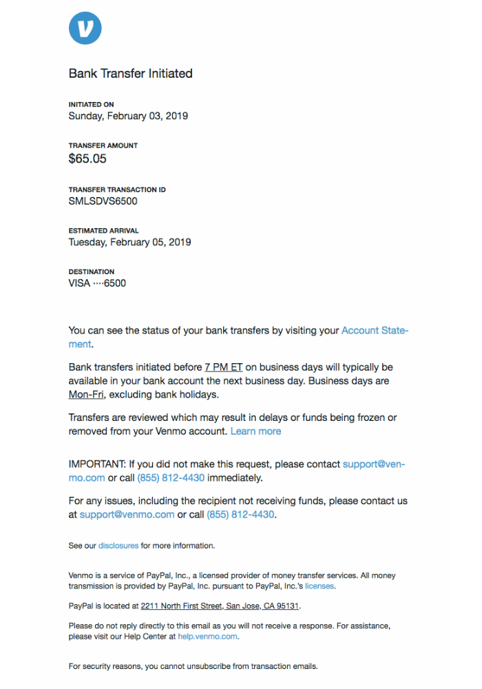 Transactional email example from a financial brand