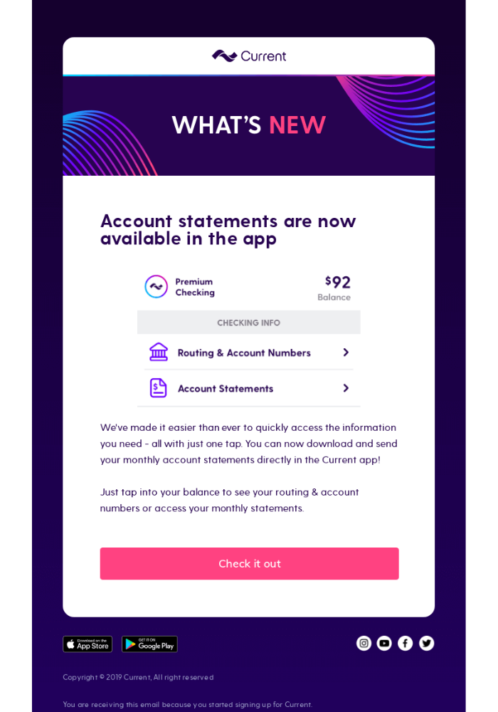 Example of an email from a financial brand announcing new features