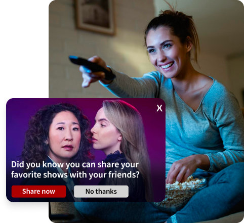 woman watching tv, selecting pop-up option to share favorite show with friends
